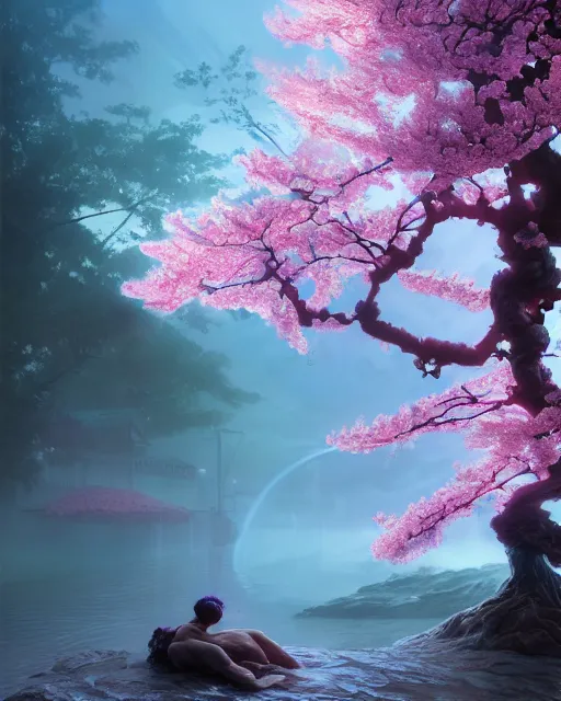 Prompt: one singular matte painting of a wet bioluminescent cherry blossom tree, highly detailed, digital painting, cinematic, hyper realism, dark retrowave, art by stanley lau and artgem and magali villeneuve and alphonse mucha, artstation, octane renderer, cgsociety