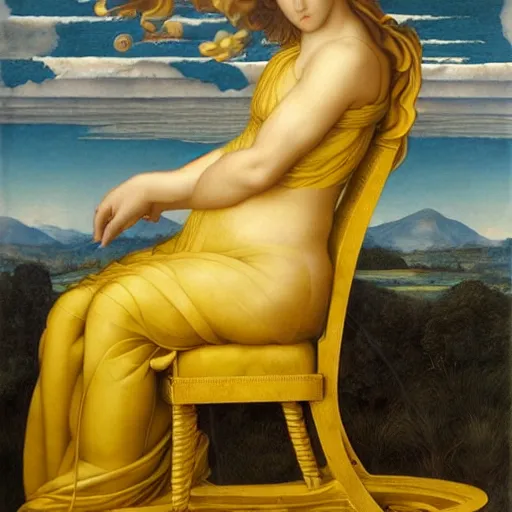 Image similar to beautiful by evelyn de morgan, by raphael, by david wiesner electric yellow. a land art of a metal chair with a seatbelt attached to it. the chair is placed in the center of a room & the seatbelt is used to strap a person into the chair. the person is then unable to move & at the mercy of the chair.