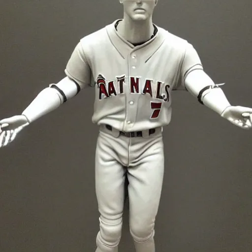 Image similar to “a realistic detailed photo of a guy who is an attractive humanoid who is half robot and half humanoid, who is a male android, baseball player Mike Trout, shiny skin, posing like a statue, blank stare, at a museum, on display”