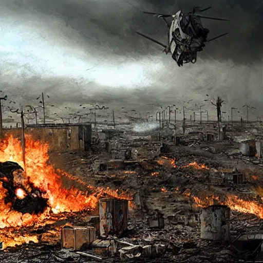 Image similar to hyper realism, realistic apocalyptic war scene