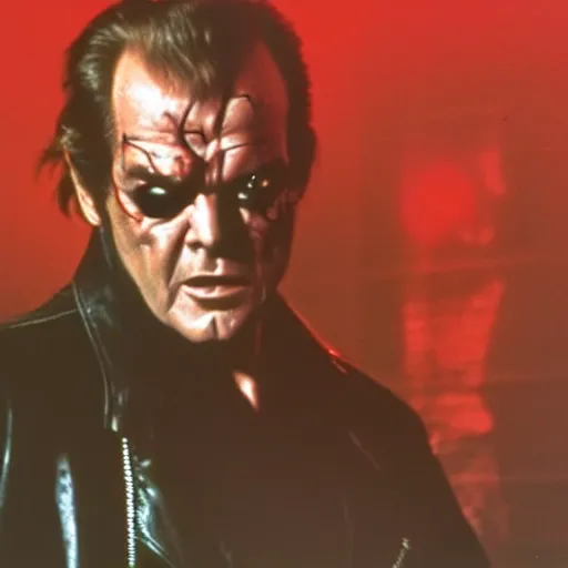 Image similar to Jack Nicholson plays Terminator, wearing leather jacket, red eye, VFX film