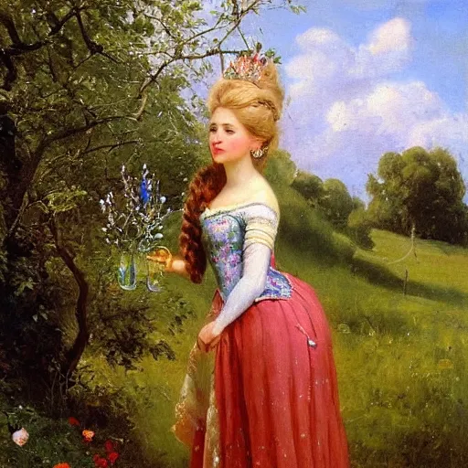 Image similar to portrait of princess elsa outside in an orchard, painted by nikolay makovsky, detailed