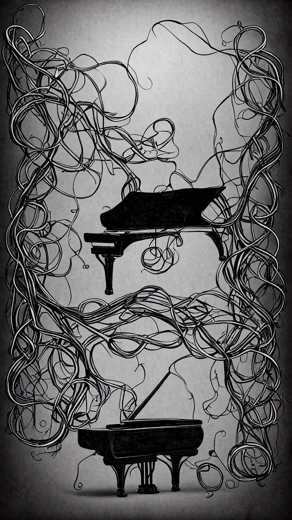 Prompt: a grand piano with long thick vines wrapped around it, fantasy art, art station, grey background,