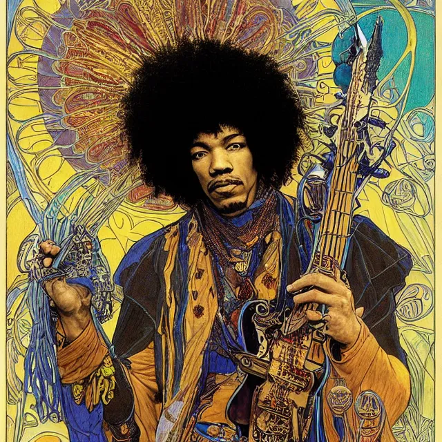 Image similar to artwork by Franklin Booth and Alphonse Mucha and Edmund Dulac showing a portrait of Jimi Hendrix as a futuristic space shaman, futuristic electric guitar