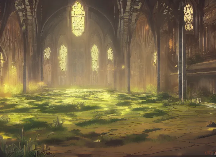 Prompt: anime background clean neat clarity professional visual development set design, large gothic hall, sparse plants, dim painterly lighting volumetric aquatics, impasto, trending on pixiv