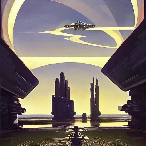 Image similar to dreamy landscape. science fiction. cinematic sci - fi scene. symmetry. accurate anatomy. science fiction theme. brutalism. intricate detail. epic. intimidating. retrofuturism. winter light. lurking reptilian. art by john singer sargent - akira toriyama - joaquin sorolla - ralph mcquarrie - kev walker