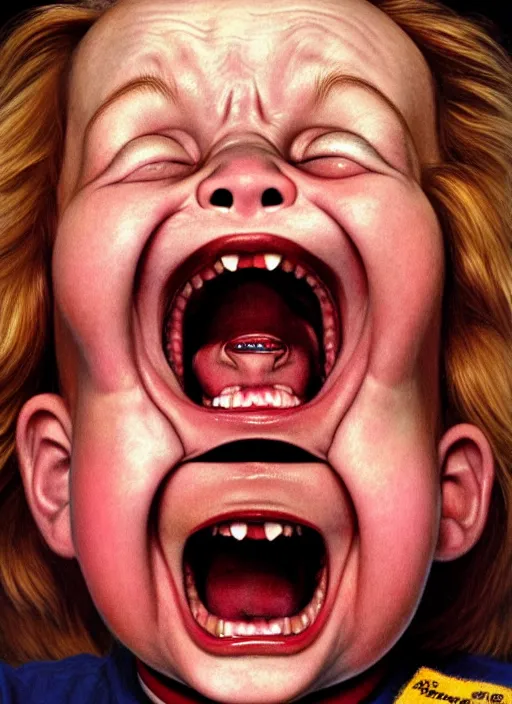 Image similar to twin peaks movie poster art, portrait of chucky doll screaming, from scene from twin peaks, clean, simple illustration, nostalgic, domestic, highly detailed, digital painting, artstation, concept art, smooth, sharp focus, illustration, artgerm, donato giancola, joseph christian leyendecker, wlop