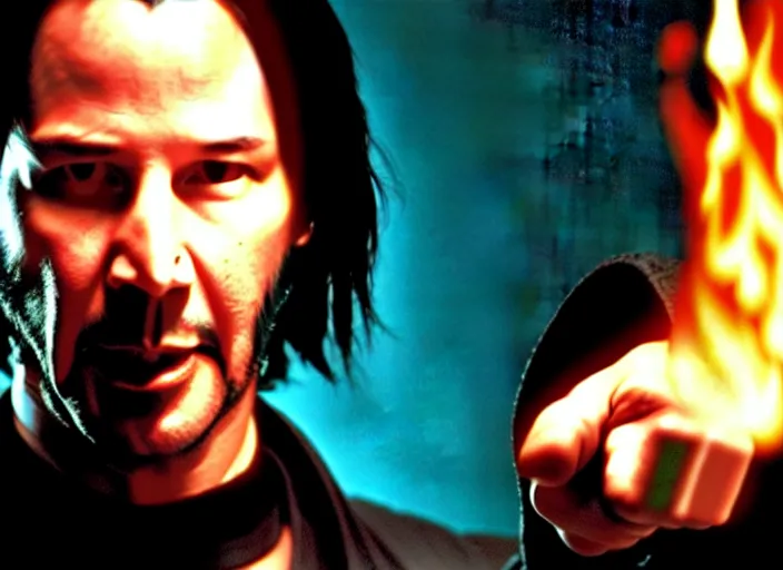 Image similar to A photo of Keanu Reeves as Neo in The Matrix movie doing a thumb up to the camera in front on burning servers, servers in flames in the background, happy system administrator doing a thumb up, uncropped, full body, crispy, ultra detailed