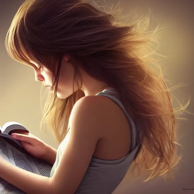 Image similar to a girl reading a book, her hair flowing down, highly detailed, 4 k, hdr, smooth, sharp focus, high resolution, award - winning photo, artgerm, photorealistic