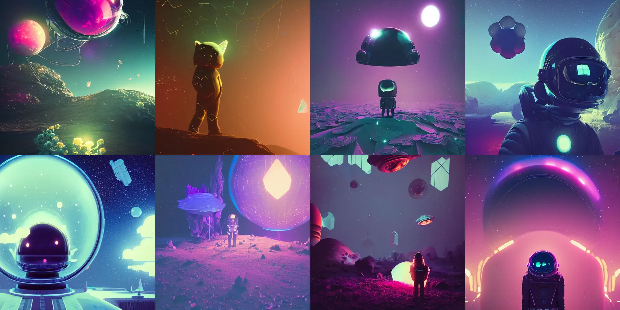 Prompt: beautiful dark landscape, black cat in space helmet, beautiful flowers and crystals, in the style of beeple and mike winkelmann, intricate, epic lighting, cinematic composition, hyper realistic, 8 k resolution, unreal engine 5, raytracing, ultraviolet colors,