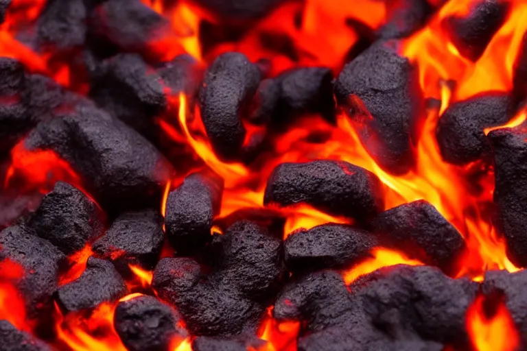 Prompt: smoldering hot black and red coals, closeup macro photo, ultra details,