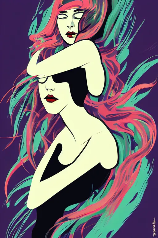 Image similar to vector style the abstract painting of an image of a lady artistic flat illustration, goth punk minimal figure art, soft colors mono chromatic, art in the style of Ross Tran and Greg Rutkowski and Alphonse Mucha