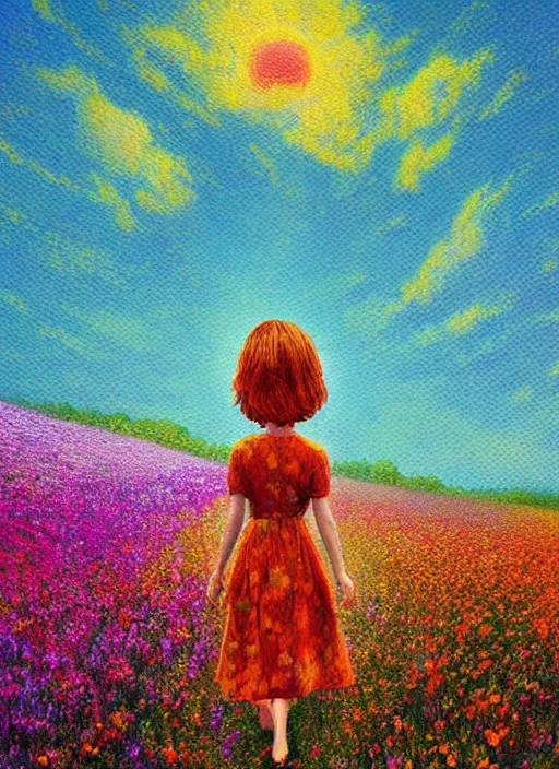 Image similar to girl with flower as a face, flower dress, standing in a flower field, big trees, sunrise dramatic light, impressionist painting, colorful clouds, digital painting, pointillism, artstation, simon stalenhag