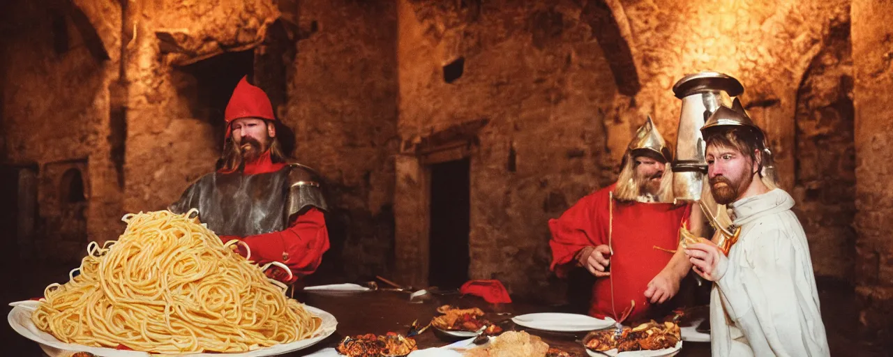 Prompt: knights protecting a giant mound of spaghetti, in a medieval castle, canon 5 0 mm, super detailed face, facial expression, cinematic lighting, photography, retro, film, kodachrome