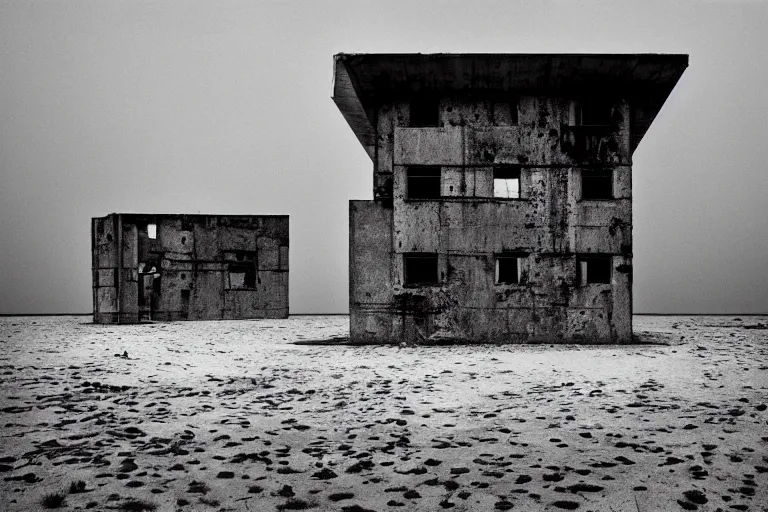 Image similar to high key lighting, danila tkachenko, photograph of an abandonet soviet building bloc in the middle of the ocean, lighting storm,