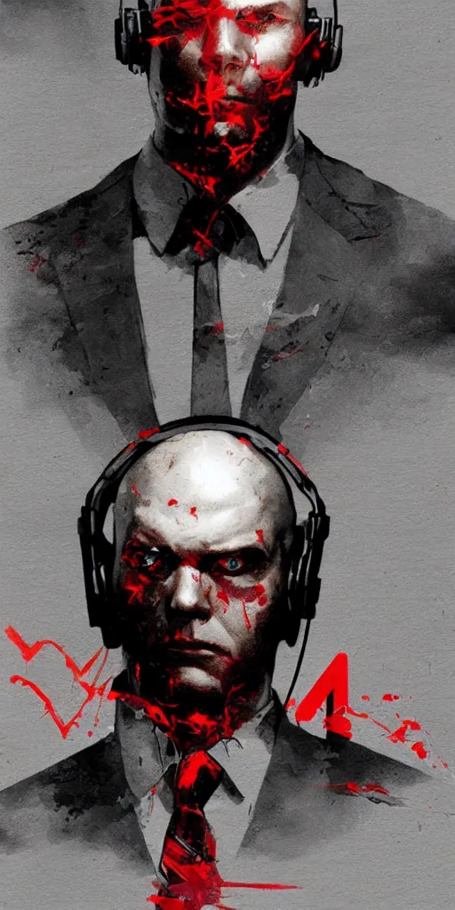 Image similar to a portrait of agent 4 7 from hitman wearing headphones, dark background, red rim light, digital art, artstation, art by yoji shinkawa