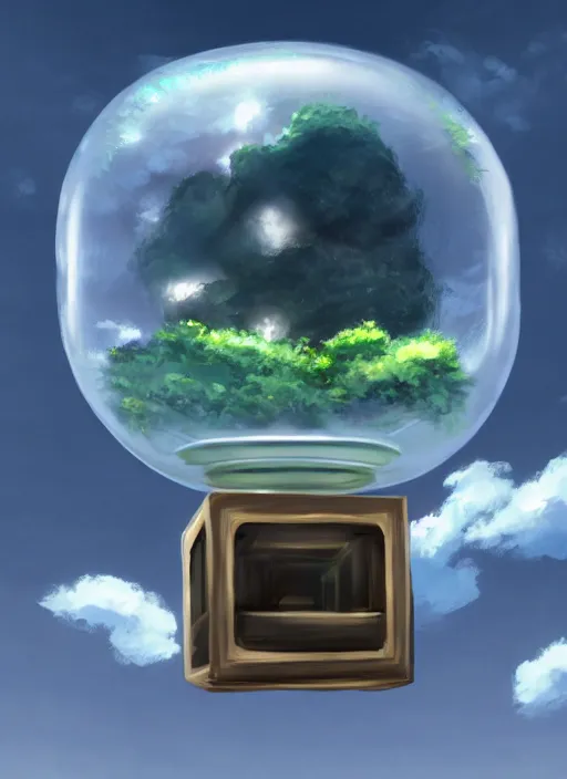Image similar to an asymmetrical cell - shaded studio ghibli concept art study of a metal cube inside a transparent bubble in the sky. wide shot, very dull colors, hd, 4 k, hq