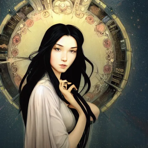 Image similar to portrait of a woman, long black hair, in front of a sci fi cityscape, by tetsuya nomura and annie swynnerton, makoto shinkai, alphonse mucha, detailed, cinematic, wide angle, dark sepia toned shading, luminescent eyes, detailed face, expressive eyes, blue fire everywhere, trending on artstation.