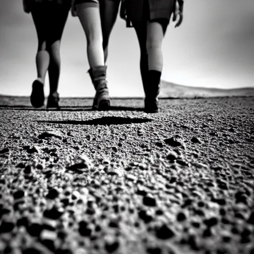 Image similar to up close 3 friends on dusty Mars soil in the future walking together all wearing stylish futuristic clothing picture taken with 5 mm camera nokia, intricate, ultra HD, super detailed, realistic, award-winning picture