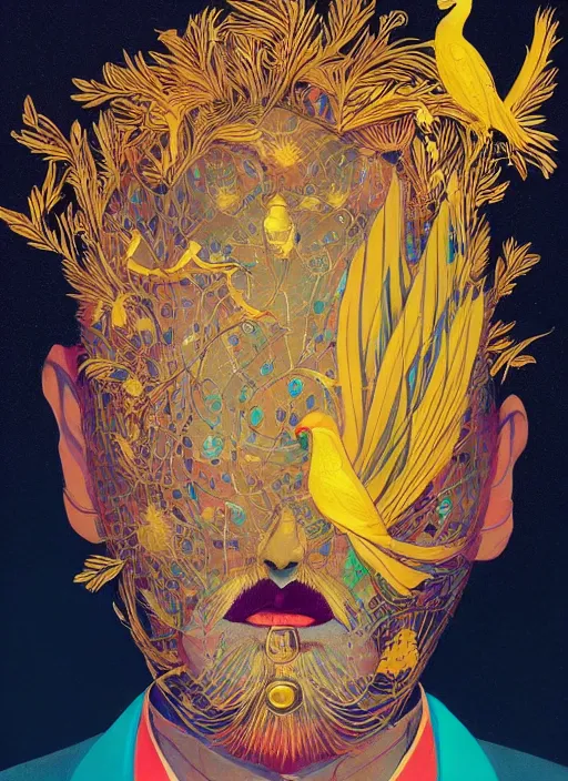 Image similar to beautiful painting of a mystical man in a suit with a golden bird cage as a head, in the style of james jean and victo ngai and sam spratt, mystical colors, trending on artstation