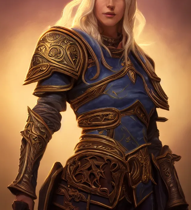 Image similar to Jaina Proudmore portrait, intricate arcane armor, glowing magical runes and esoteric symbols, subject in the middle of the frame, rule of thirds, golden ratio, elegant, digital painting, octane 4k render, zbrush, hyperrealistic, artstation, concept art, smooth, sharp focus, illustration from Warcraft by Ruan Jia and Mandy Jurgens and Artgerm and William-Adolphe Bouguerea