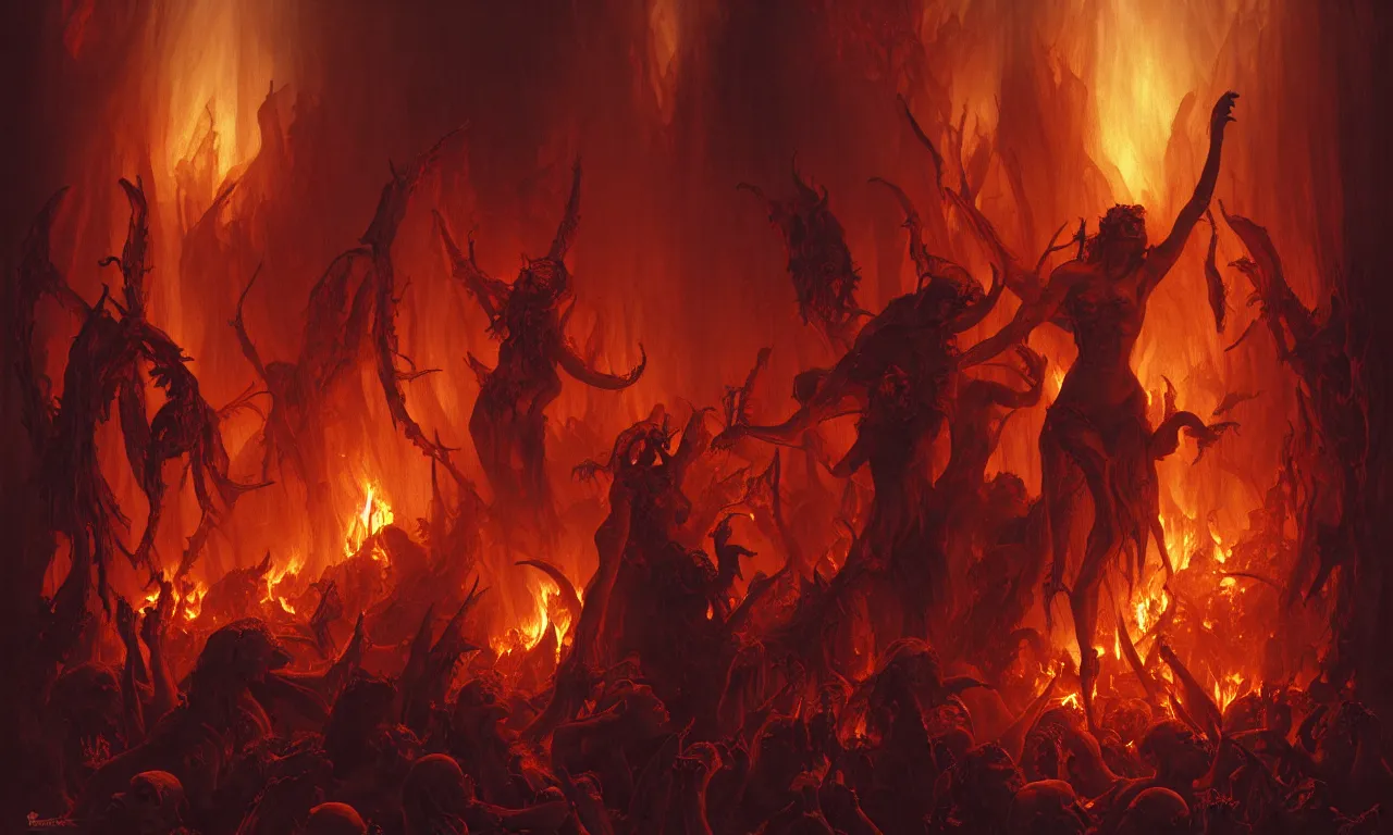 Image similar to Purgatory, fire in hell. A crowd of sinful people is burning in hell in hellfire. The gateway to the infernal underworld. Devils demons and ghouls torment sinful people, highly detailed, digital painting, artstation, concept art, smooth, sharp focus, illustration, art by artgerm and greg rutkowski and alphonse mucha