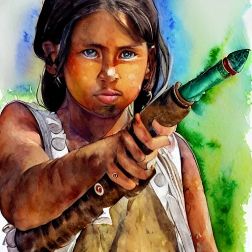 Image similar to hyper realistic tribal girl holding a rocket launcher, watercolor, cinematic