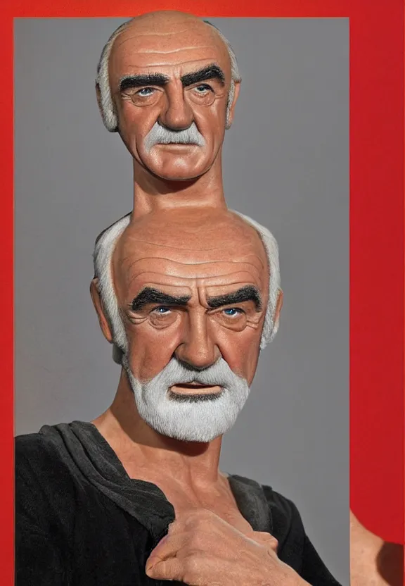 Prompt: The full figure studio portrait is of the actor sean connery. His skin is pale and wrinkled, his eyes are red rimmed and sunken. He is wearing the robes of the imperial emperor from star wars above the red leather mankini from the film zardoz and He has a thick black moustache and a long plait of hair. by Mark Mann and Steve McCurry. Nikon D850. Sigma 85mm F1.4 DG HSM A. Aperture f/3.5. Shutter speed 1/60. ISO 1600