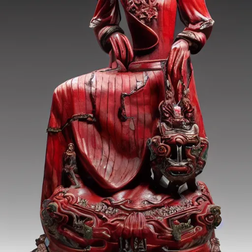 Image similar to museum angeline joile portrait statue monument made from chinese porcelain brush face hand painted with iron red dragons full - length very very detailed symmetrical well proportioned