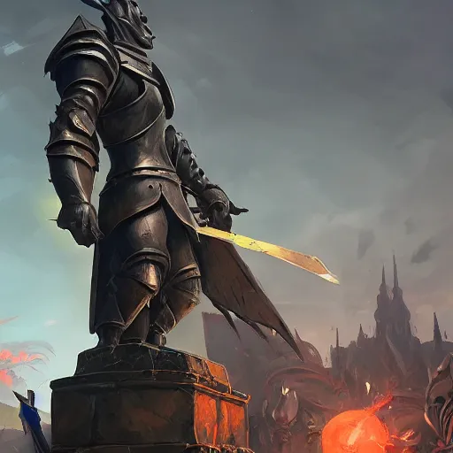 Prompt: a giant black chess knight statue, chess, battlefield background, bright art masterpiece artstation. 8 k, sharp high quality artwork in style of jose daniel cabrera pena and greg rutkowski, concept art by tooth wu, hearthstone card game artwork, chess piece
