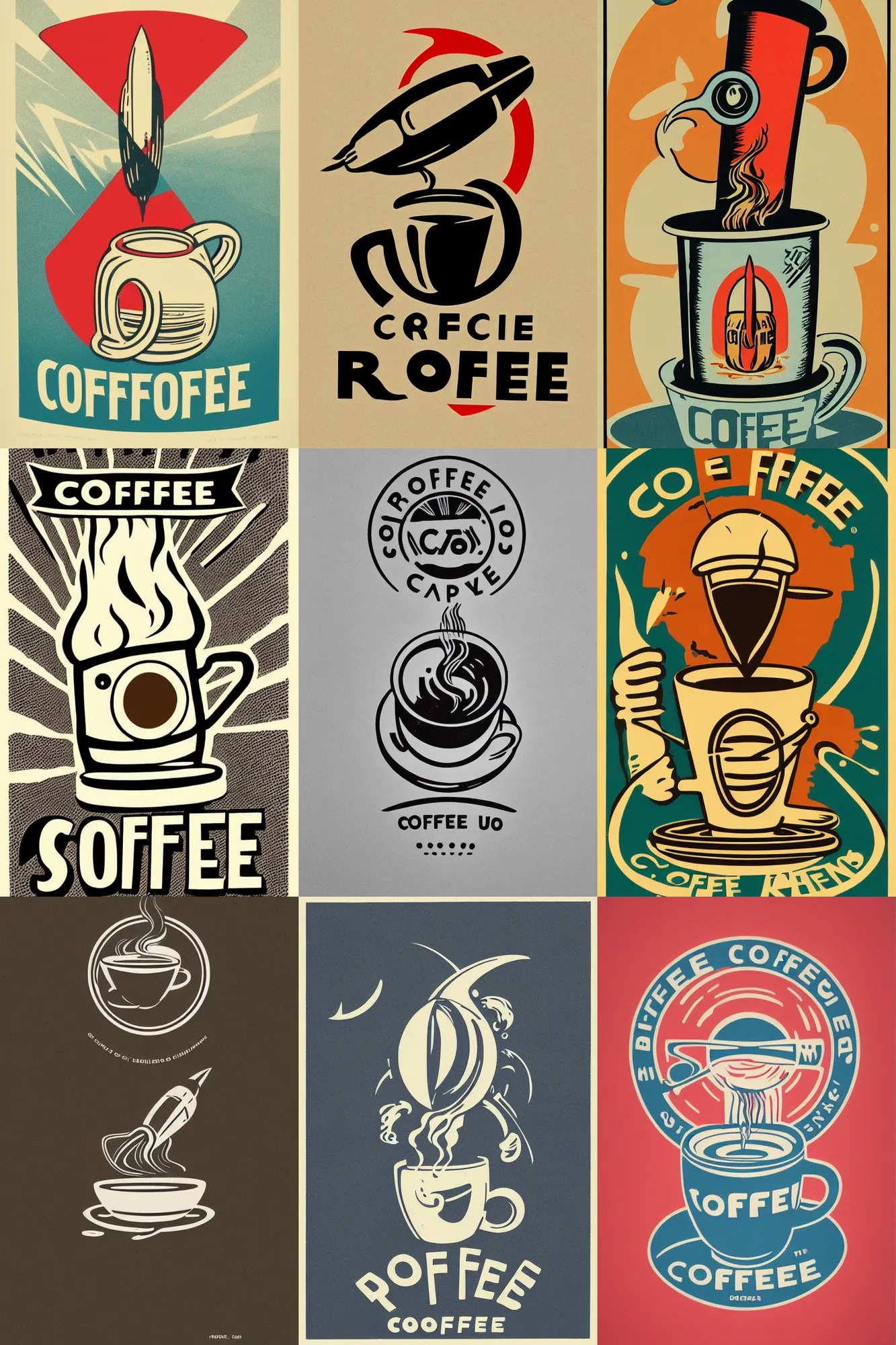 Prompt: coffee logo, featuring a rocket ship cup, by mcbess, full colour print, vintage colours, 1950s