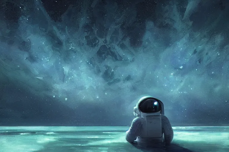 Image similar to beautiful astronaut relaxing at the Sea Of Stars of Vaadhoo Island Maldives, Bioluminescent sea plankton that shines bright blue during the night makes the sea area, glowing water, intricate, elegant, luxurious, digital painting, concept art, smooth, sharp focus, from Star Trek 2021, illustration, by WLOP and Ruan Jia and Mandy Jurgens and William-Adolphe Bouguereau, Artgerm