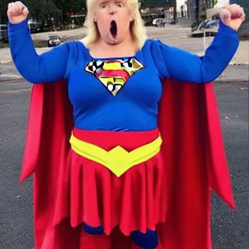 Prompt: fat donald trump dressed up as supergirl for halloween