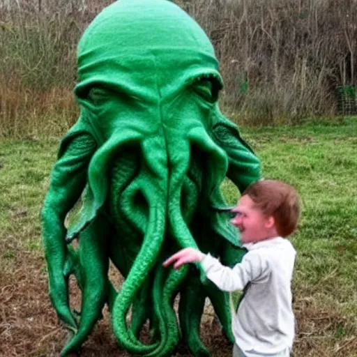 Prompt: cute little Cthulhu playing with kids