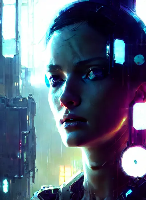 Image similar to female cyberpunk, beautiful face, rule of thirds, intricate outfit, spotlight, by greg rutkowski, by jeremy mann, digital painting