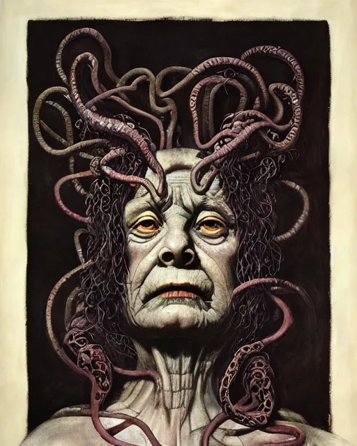 Prompt: portrait of Medusa from Greek mythology, as an old mean woman, with snakes for hair, Francisco Goya painting, part by Beksiński and EdvardMunch, part by Takato Yamamoto and Peter Mohrbacher, Francis Bacon masterpiece