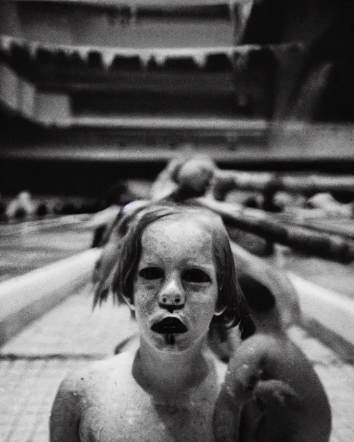 Image similar to terrifying, humanoid monstrous creatures of the abyss, lurking and prowling in a public swimming pool, liminal spaces, occult gathering, 3 5 mm film photo, film grain