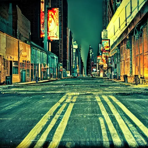 Image similar to color photograph, highly detailed abandoned New York city street at night after the war between humans and AIs, film grain, soft vignette, Canon EOS Digital Rebel XTi, 100-300mm Canon f/5.6, Exposure time: 1/160, ISO 400