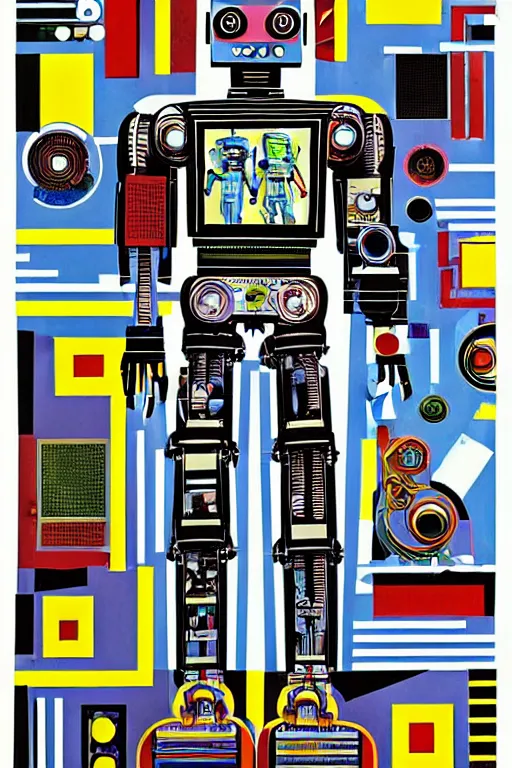 Prompt: a diagram of a robot body with various parts, cyberpunk art by eduardo paolozzi, behance contest winner, computer art, greeble, steampunk, poster art, james turrell, robert rauschenberg, andy warhol, pop art, czechoslovakia, surrealism, milton glaser, graphic design