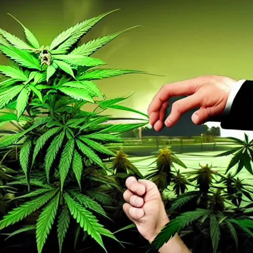 Image similar to the devil spreads his hands against the background of growing cannabis. realistic rendering