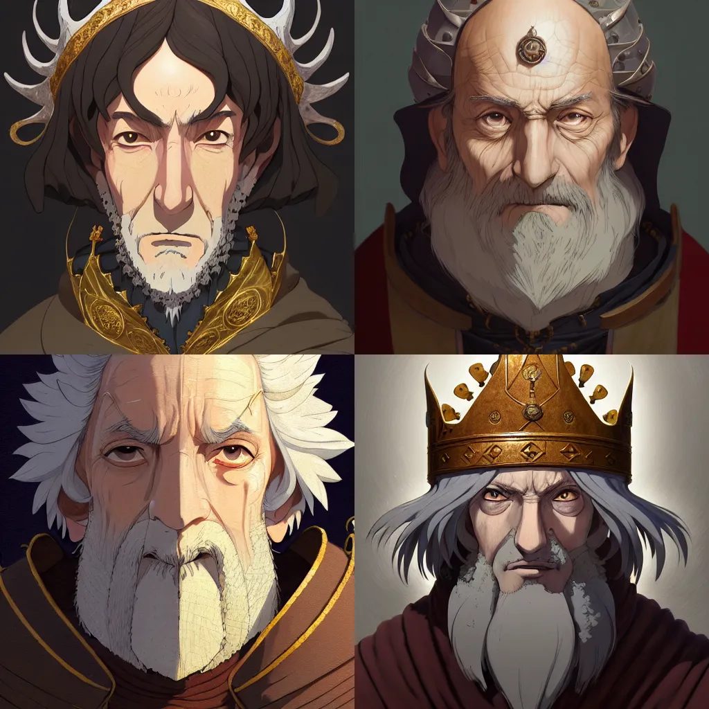 Prompt: portrait of a medieval old king, artstation, cartoon, elegant, highly detailed, digital painting, concept art, illustration, art by ghibli!, makoto shinkai!, bluth!, fujita goro!, giraud!, ghailan!, akihiko yoshida!, fadeev! 8 k