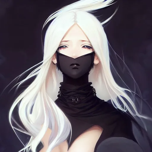 Image similar to anime girl, black dress, white hair!!!, windswept, black crown, upper body, d & d, fantasy, intricate, elegant, highly detailed, digital painting, artstation, concept art, smooth, sharp focus, illustration, art by artgerm, greg rutkowski, alphonse mucha