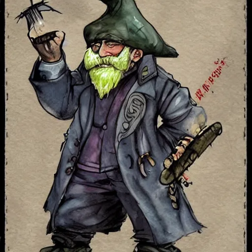 Prompt: Gnome Alchemist dressed like a mobster from the ant hill mob on Wacky Races, drawn by Yoji Shinkawa, water color, Dungeons and Dragons, Wizards of the Coast