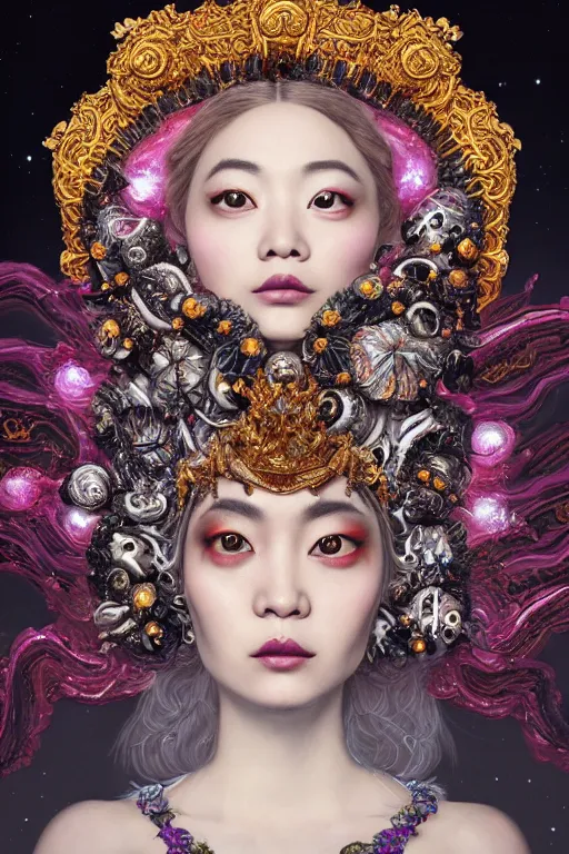 Image similar to a beautiful empress portrait, with a brilliant, impossible striking big cosmic galaxy headpiece, clothes entirely made out of cosmos chaos energy, symmetrical, dramatic studio lighting, rococo, baroque, jewels, asian, hyperrealism, closeup, D&D, fantasy, intricate, elegant, highly detailed, digital painting, artstation, octane render, 8k, concept art, matte, sharp focus, illustration, art by Artgerm and Greg Rutkowski and Alphonse Mucha