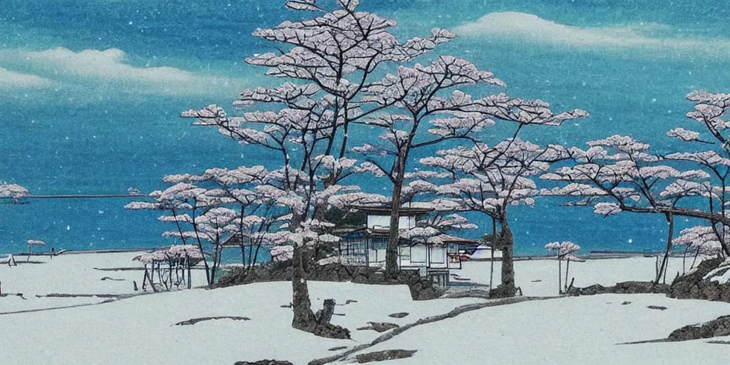 Image similar to 🌨 ❄ 🏝 ⛩. shin hanga.