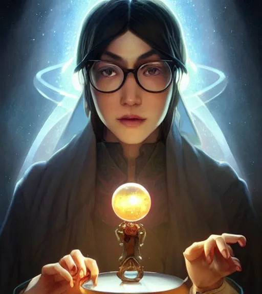 Prompt: symmetry genius wearing glasses predicting future with the help of the crystal ball he's holding in his hand, ultra detailed, intricate, anime, dynamic lighting, digital art, digital painting, art station, wlop, sharp focus, illustration, art by artgerm and greg rutkowski and alphonse mucha