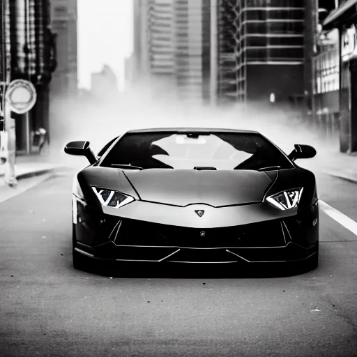 Prompt: black and white press photograph of a man in a suit pushing a lamborghini that is out of gas on a busy city street, sideview, detailed, natural light, mist, film grain, soft vignette, sigma 5 0 mm f / 1. 4 1 / 1 0 sec shutter, imax 7 0 mm footage