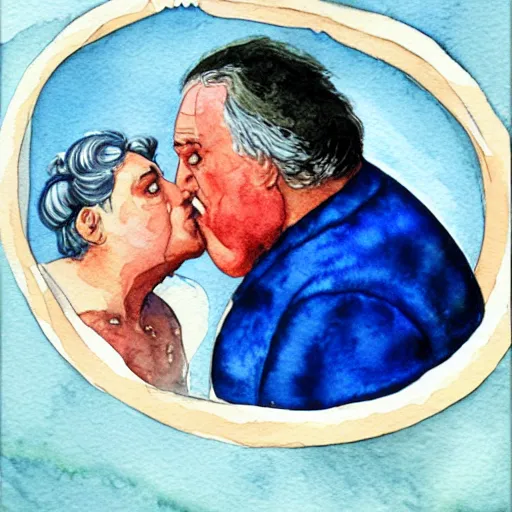 Image similar to a very funny comic style watercolor painting of a sweet fat old woman kissing her reflection. symmetrical face, red mouth, blue eyes. a flowered dress. a hyper - realistic scene. 3 d, octane processing, deep focus, white scene. a very funny and sweet picture. unreal engine. watercolor. fellini cinematic style. poster quality. freud painting style.