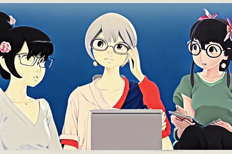 Image similar to portrait of two wise and very beautiful women discussing some texts appearing in a computer screen, art by mamoru hosoda, intricate, elegant, highly detailed, smooth, sharp focus, artstation