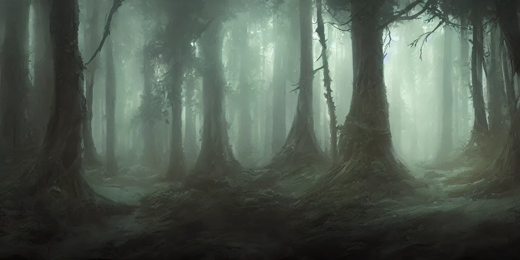 Image similar to mysterious forest, in the style of john howe and greg rutkowski, artstation